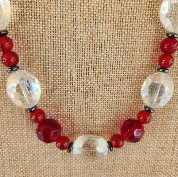 Hand Crafted Necklace Crystal Hematite Glass Beads Clear Red 23" Length - Picture 6 of 8